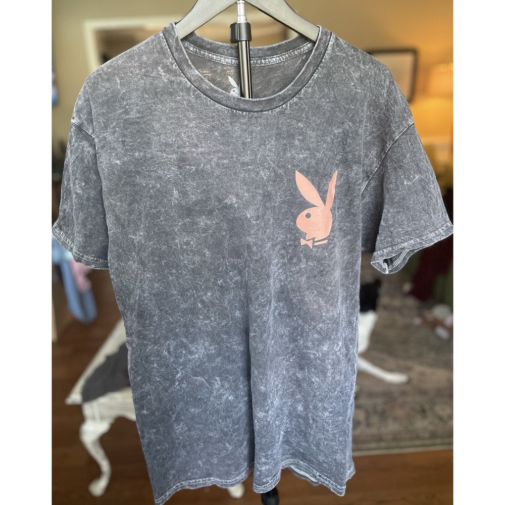 Play Boy Men's Large Charcoal Gray‎ Distressed Graphic T Shirt Short Sleeve EUC